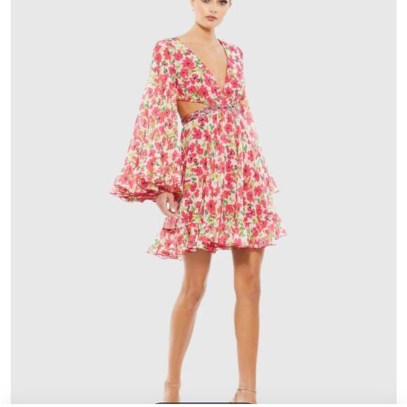 Mac Duggal 9158 Floral Chiffon Bell Sleeve Ruffle Mini Cocktail Dress | Size 2 - Picture 2 of 13